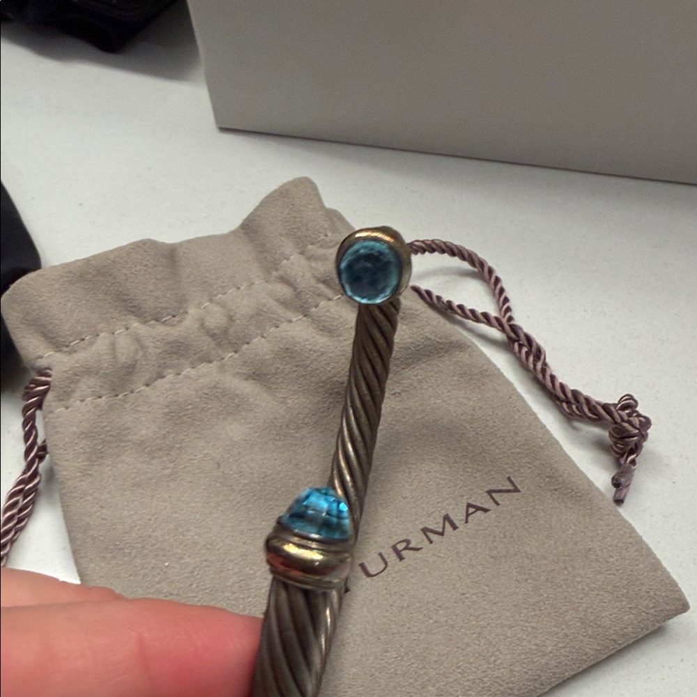 David Yurman Twisted Silver Bracelet with Blue Ends - Picture 2 of 5